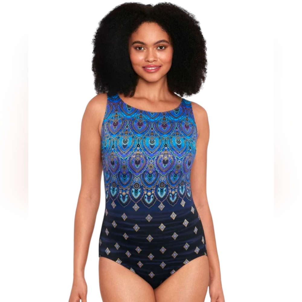 Blue Patterned One Piece Swimsuit Size M